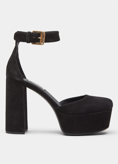 Miu Miu Suede Ankle-strap Platform Pumps In Nero