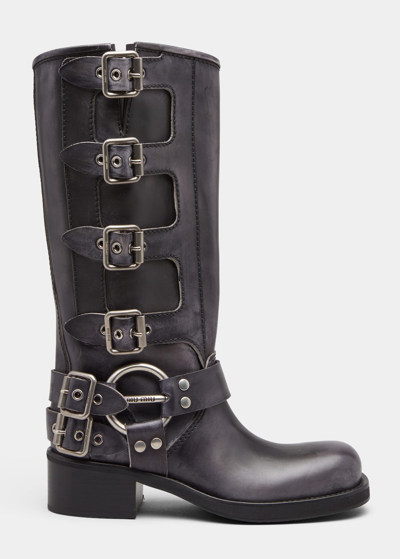 Miu Miu Calfskin Multi Buckle Tall Moto Boots In Black