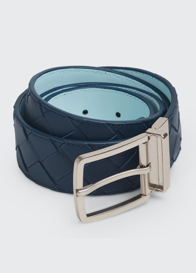 Bottega Veneta Men's Reversible Intrecciato Leather Belt In Navy