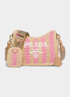 Prada Logo Striped Raffia Shoulder Bag In F0018 Naturale