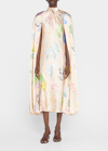 Rodarte Mushroom-print Silk Cape Midi Dress In Taupe