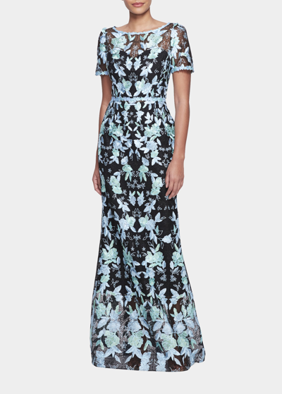 Marchesa Notte Floral-embroidered Tulle Trumpet Gown In Blue