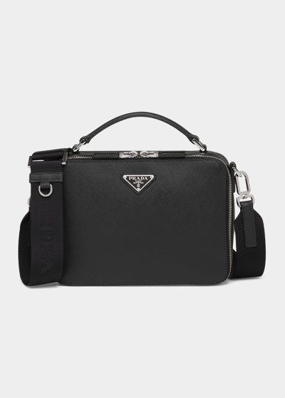 Prada Men's Saffiano Leather Brique Crossbody Bag W/ Nylon Strap In F0002 Nero