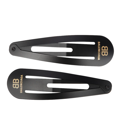 Balenciaga Set Of Two Printed Steel Hair Clips In Black/ Gold