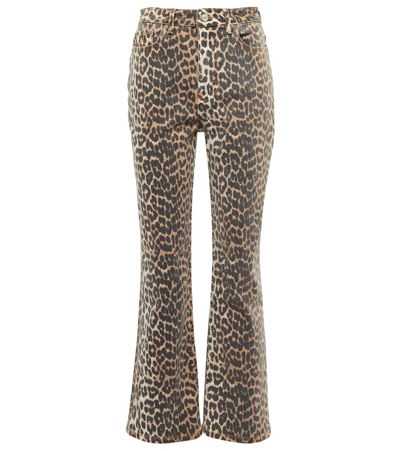 Ganni Betzy Leopard-print Flared-leg Cropped Jeans In Brown