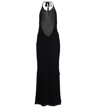 Ganni Halterneck Ribbed-crochet Midi Dress In Black