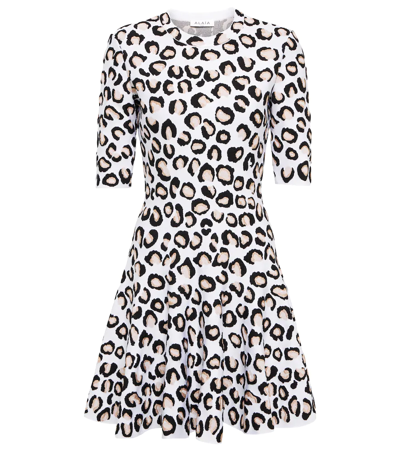 Alaïa Leopard Knit Elbow-sleeve Mini Dress In White