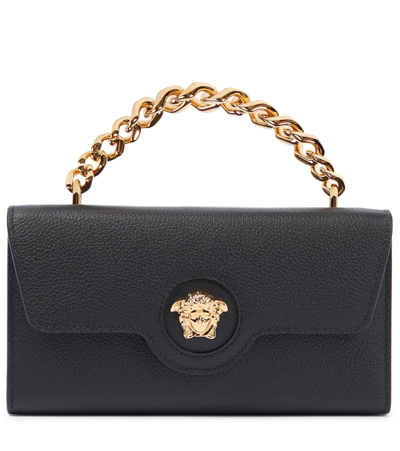 Versace La Medusa Leather Wallet On Chain In Black- Gold