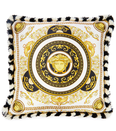 Versace Medusa Reversible Silk Cushion In White-gold-black