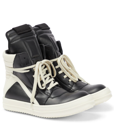 Rick Owens Geobasket Leather High-top Sneakers In Black/milk/milk