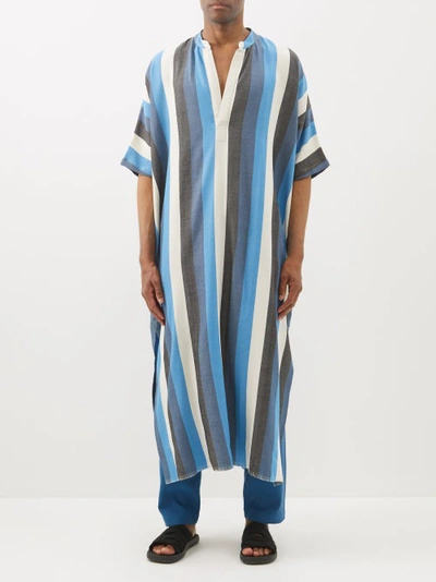 Marrakshi Life Stand-collar Striped Cotton Kaftan In Blue Multi
