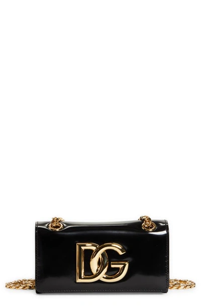 Dolce & Gabbana Logo Polished Calfskin Crossbody Phone Case With Card Holder In Nero