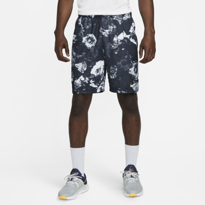 Nike Men's Dri-fit Knit Print Fitness Shorts In Dark Obsidian/midnight Navy/coconut Milk