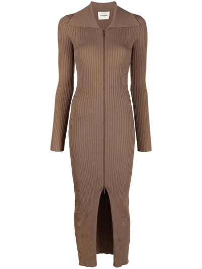 Nanushka Ribbed-knit Cotton Zip-up Dress In Khaki