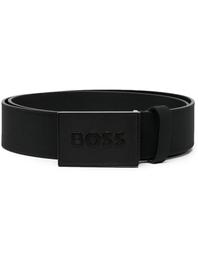 Hugo Boss Logo标牌皮质腰带 In Black