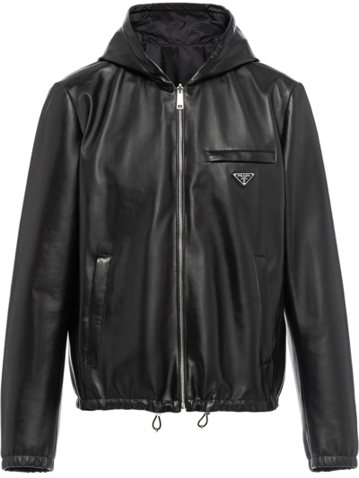 Prada Reversible Hooded Leather Jacket In Black