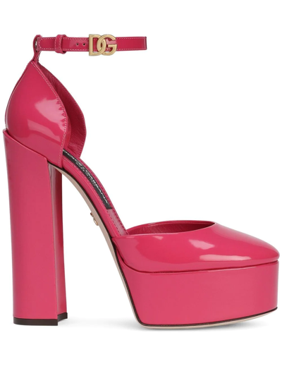 Dolce & Gabbana Logo Patent Leather Platform Ankle-strap Pumps In Pink