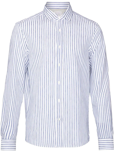 Brunello Cucinelli Blue And White Striped Long Sleeve Shirt