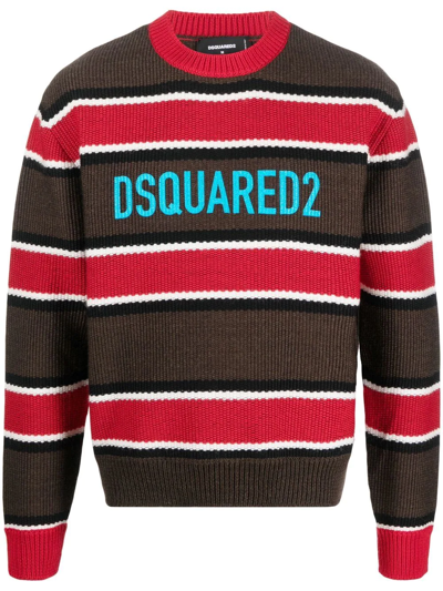 Dsquared2 Logo Striped Wool Knit Jumper In Multi-colored