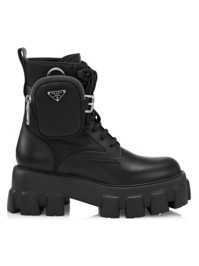 Prada Women's Monolith Leather & Nylon Lug-sole Combat Boots In Black