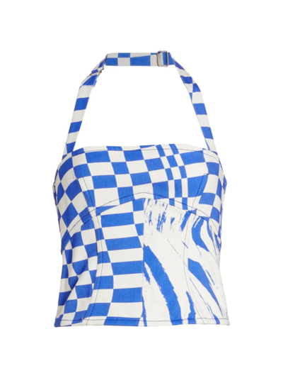 Christopher John Rogers Women's Wave & Check Denim Halterneck Top In Cunningham Multi