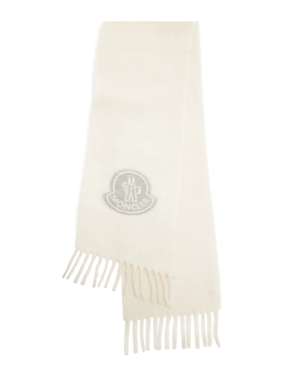 Moncler Patch Logo Fringe Wool Scarf In Natural