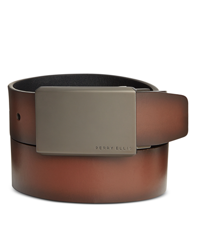 Perry Ellis Portfolio Men's Plaque Reversible Belt In Tan