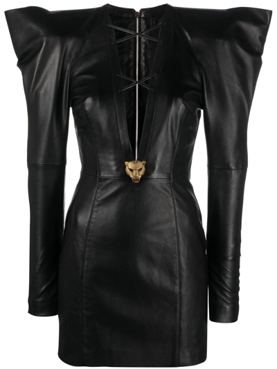 Roberto Cavalli Pointed Shoulders Leather Mini Dress In Black