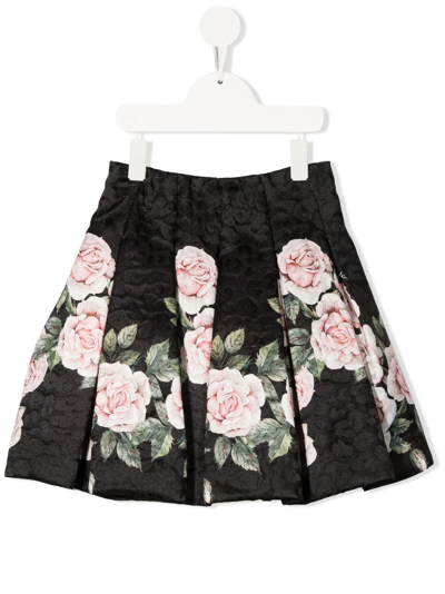 Monnalisa Kids' Rose-print Box-pleat Skirt In Black