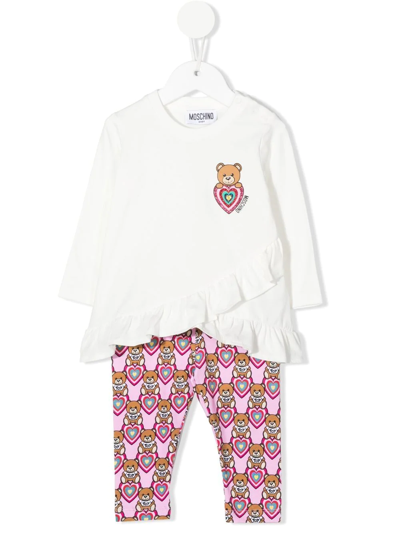 Moschino Kids' Printed Logo Cotton T-shirt & Leggings In White,pink