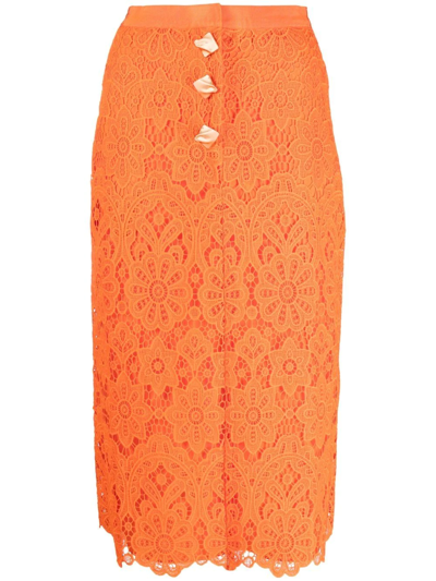 Self-portrait Self Portrait Lace Midi Skirt With Golden Buttons In Orange