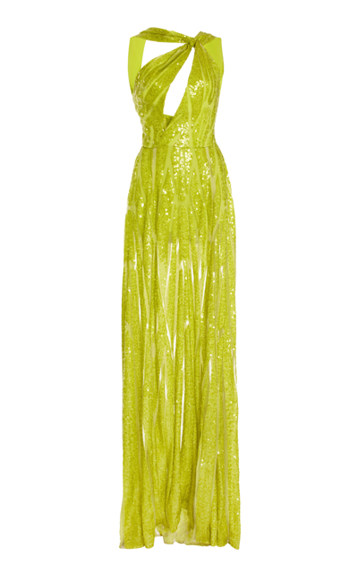 Elie Saab Women's Emrbroidered Tulle Long Dress In Green | ModeSens
