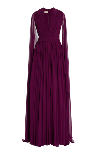 Elie Saab Cape-effect Pleated Gown In Purple