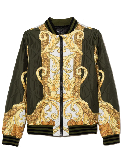 Versace Teen Barocco-print Quilted Bomber Jacket In Black