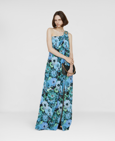 Stella Mccartney One Shoulder Painted Floral Print Silk Dress In Blue