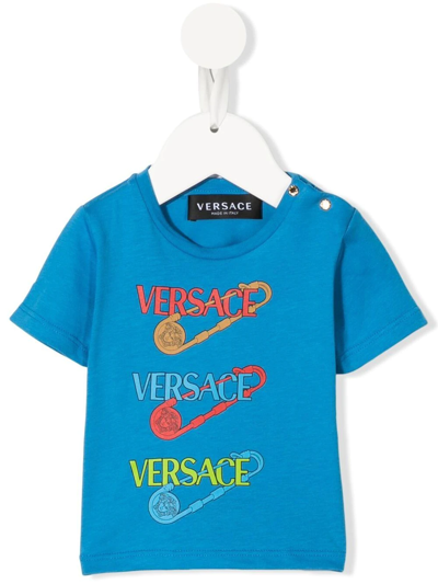 Versace Babies' Logo Print T-shirt In Blue