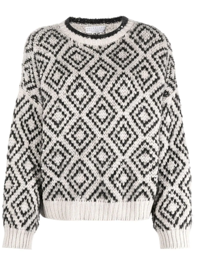 Brunello Cucinelli Black Geometric Intarsia Knit Sweater
