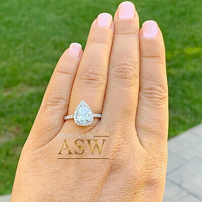 Pre-owned Asw 14k White Solid Gold Pear Moissanite Round Cut Diamond Engagement Halo Ring 2.50