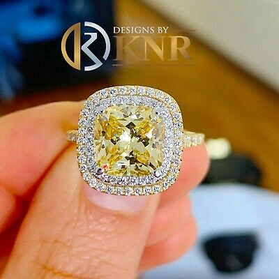 Pre-owned Knr 14k Yellow Gold Cushion Fancy Yellow And Natural Diamonds Engagement Ring 6.00