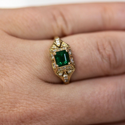 Pre-owned Jewelry By Arsa 1.15 Ctw Natural Emerald & Diamond Solid 14k Yellow Gold Antique Engagement Ring In Green