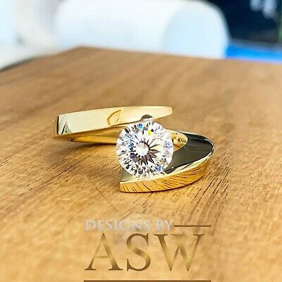 Pre-owned Asw 14k Solid Yellow Gold Round Simulated Diamond Engagement Ring Tension Set 1.25ct
