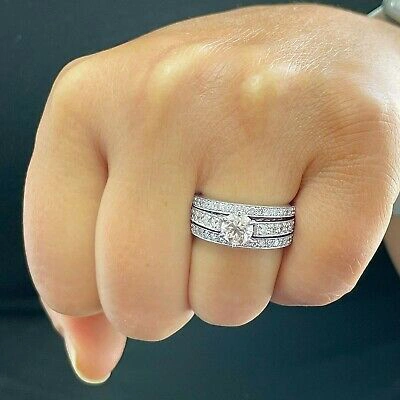 Pre-owned Gia Certified 14k Solid White Gold Round Diamond Engagement Ring And Bands 2.00