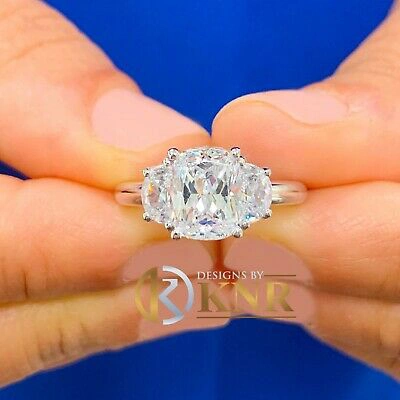 Pre-owned Knr 14k Solid White Gold Cushion And Half Moon Moissanite Engagement Ring 3.00ct