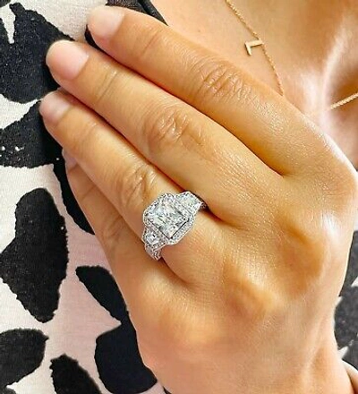 Pre-owned Knr 14k White Gold Radiant Cut Moissanite And Natural Diamonds Engagement Ring 4.00