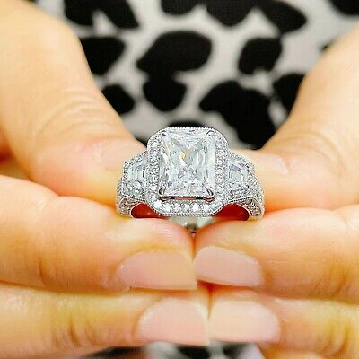 Pre-owned Radiant Gia Certified 14k Solid White Gold  Diamond Engagement Ring Halo 4.00ctw