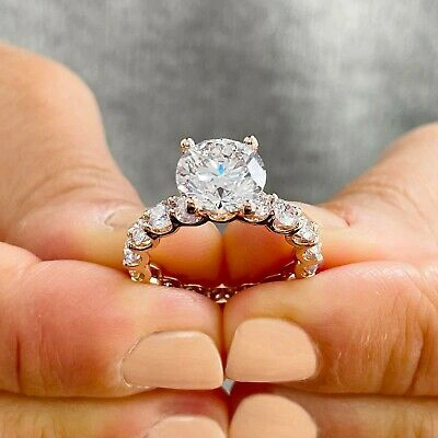 Pre-owned Eternity 14k Rose Gold Round Moissanite And Natural Diamond Engagement Ring  4.00 In White