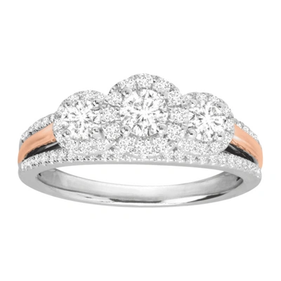 Pre-owned Finecraft 1 Cttw Diamond Trio Engagement Ring In 14k White & Rose Gold, Size 7