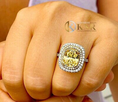 Pre-owned Knr 14k Yellow Gold Cushion Fancy Yellow And Natural Diamonds Engagement Ring 5.70ct