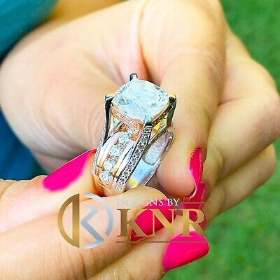 Pre-owned Knr 14k White Gold Cushion Moissanite And Natural Diamonds Engagement Ring 6.50ctw