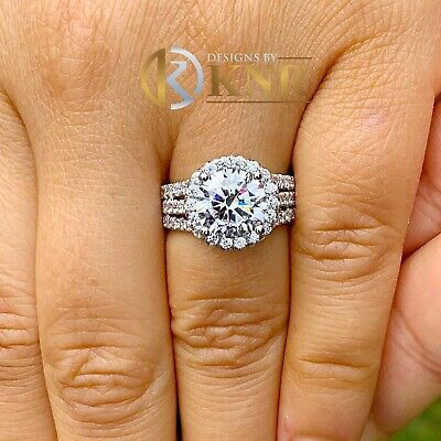 Pre-owned Knr 14k White Gold Round Moissanite And Diamond Engagement Bridal Ring Halo 2.40ctw